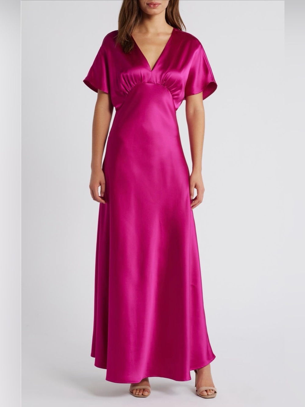 CeCe Hot Pink Satin V-Neck Maxi Dress